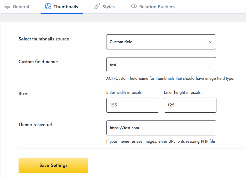 Select custom fields in thumbnails settings in rpt