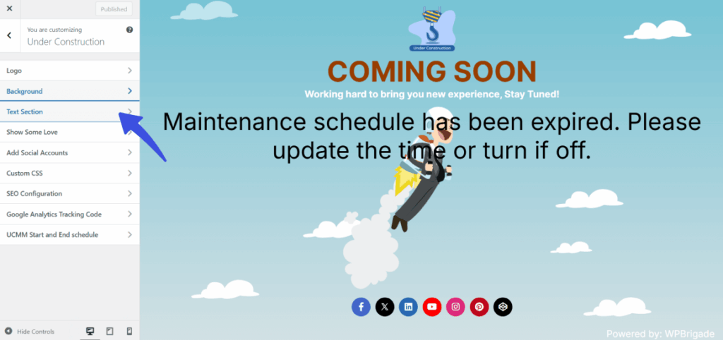 Select edit text option in customizer