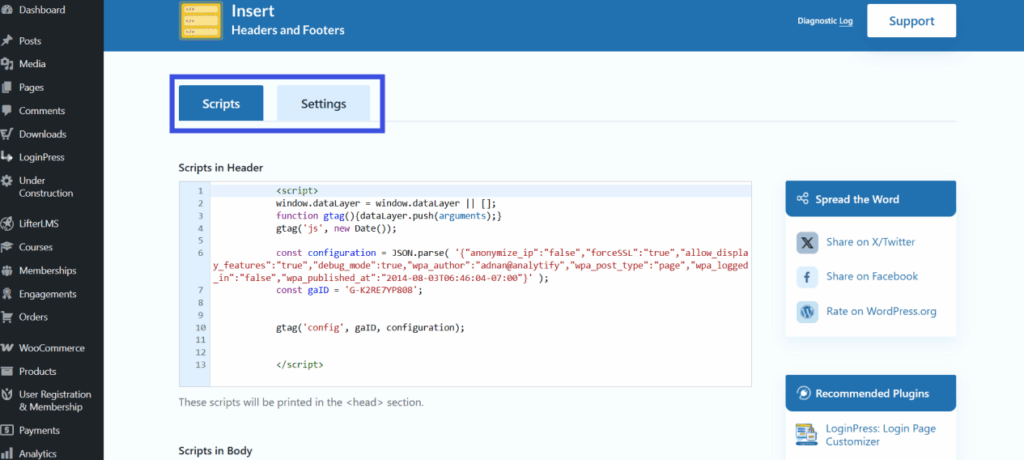 Tabs in header and footer settings
