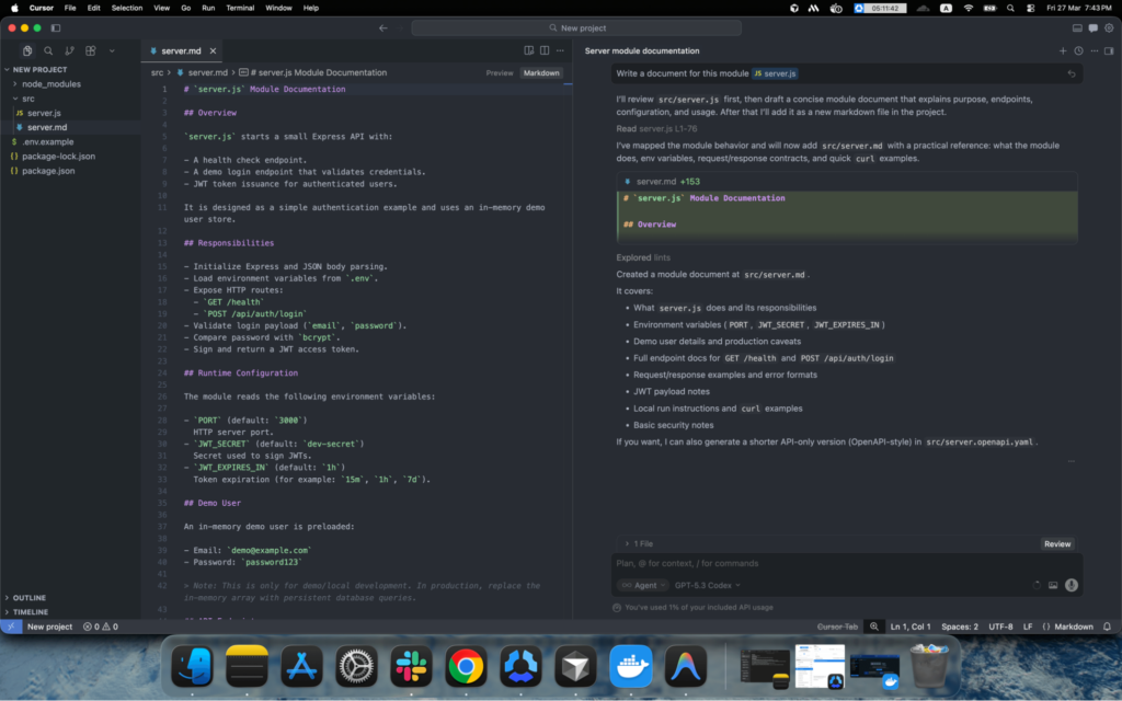 Write documentation for the code using cursor ai