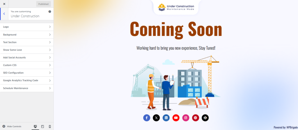 Customizer dashboard in the Under Construction Maintenance Mode plugin