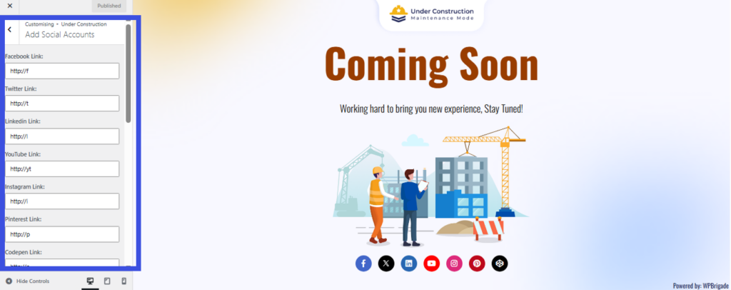 Add Social Accounts settings with social profile URL fields in Under Construction Maintenance Mode customizer