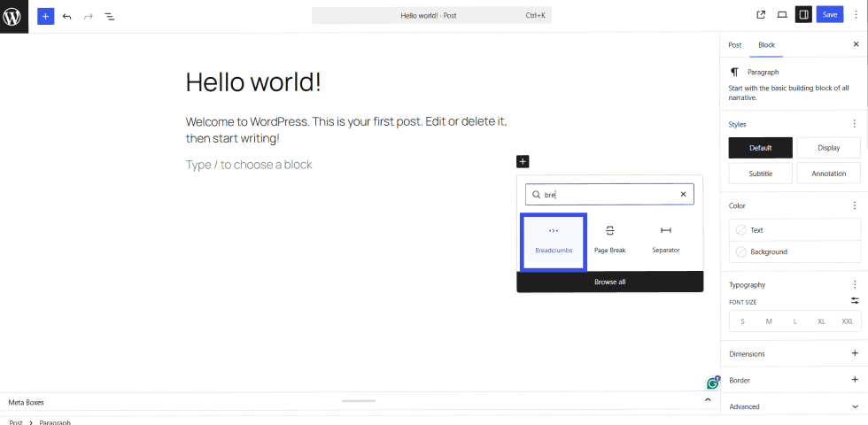 Breadcrumbs block added in editor in wordpress 7.0