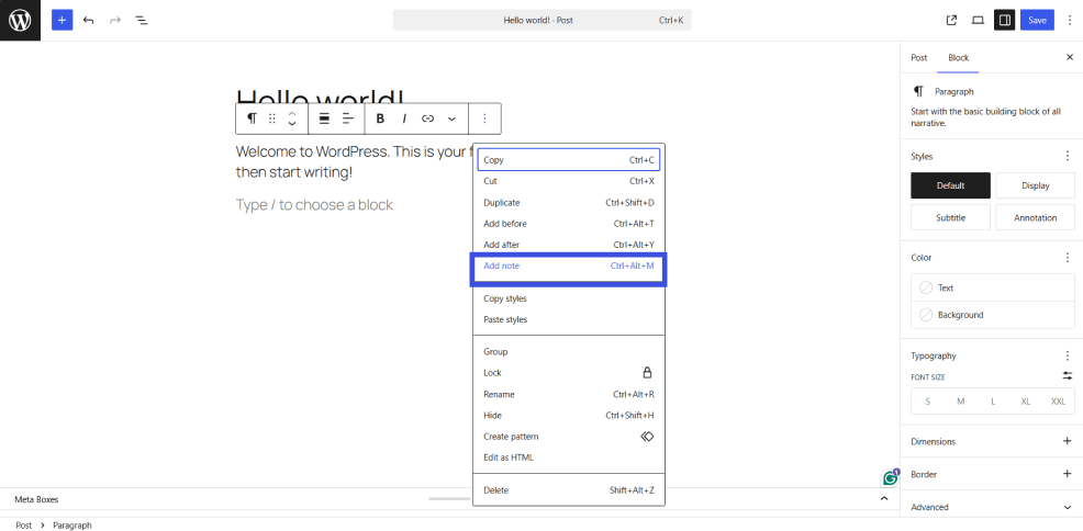 Add note option in editor in wordpress 7.0
