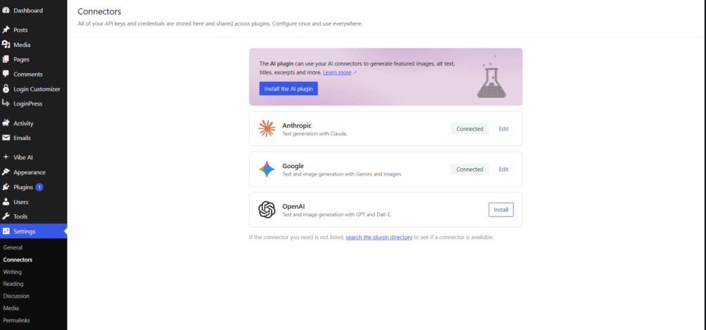 Ai connectors available in wordpress 7.0
