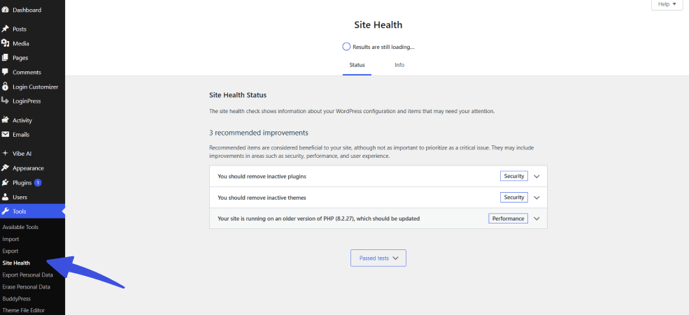 Site health option in wordpress