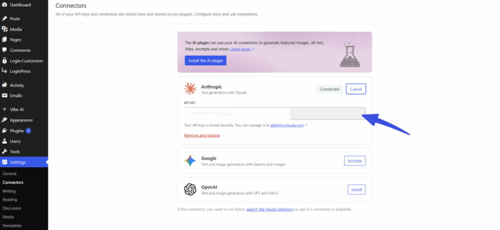 Screen shows how to add your api key in the preferred ai connector in wordpress dashboard