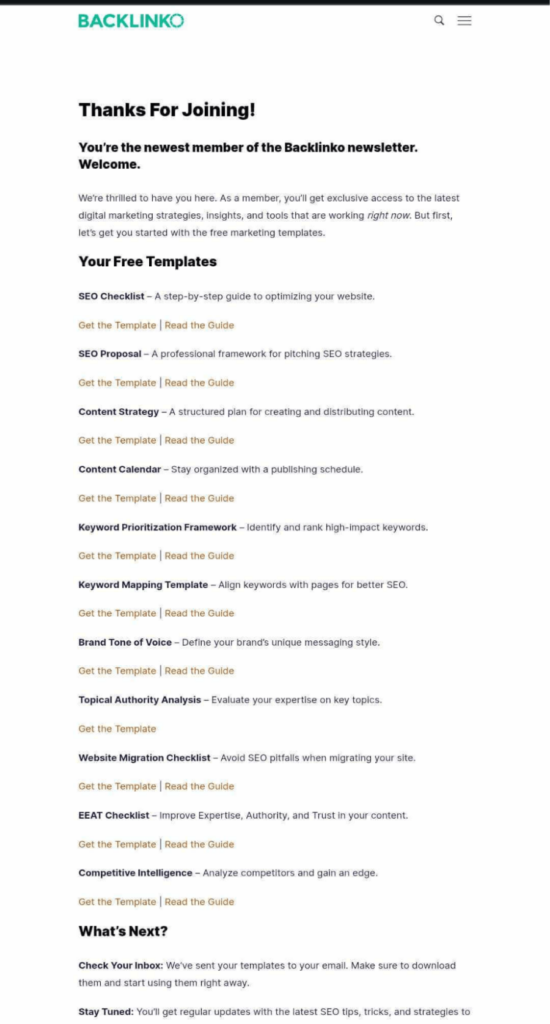Mobile view of the Backlinko newsletter confirmation page titled "Thanks For Joining!" listing downloadable free SEO templates.