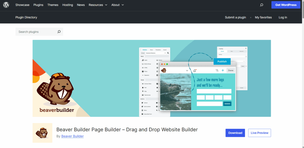 The official Beaver Builder WordPress plugin directory page showcasing its drag-and-drop website builder features and download options
