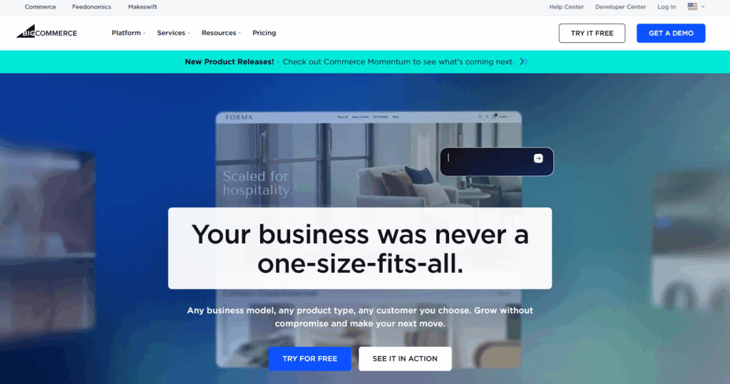 BigCommerce homepage banner showcasing scalable custom store features as shopify alternatives