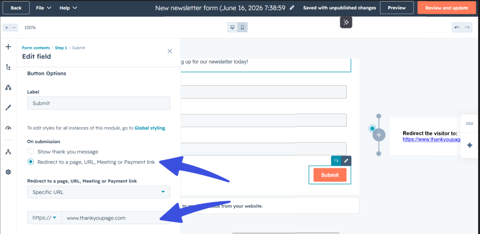 Form builder submission settings panel configured to redirect users to a specific URL after they submit a form
