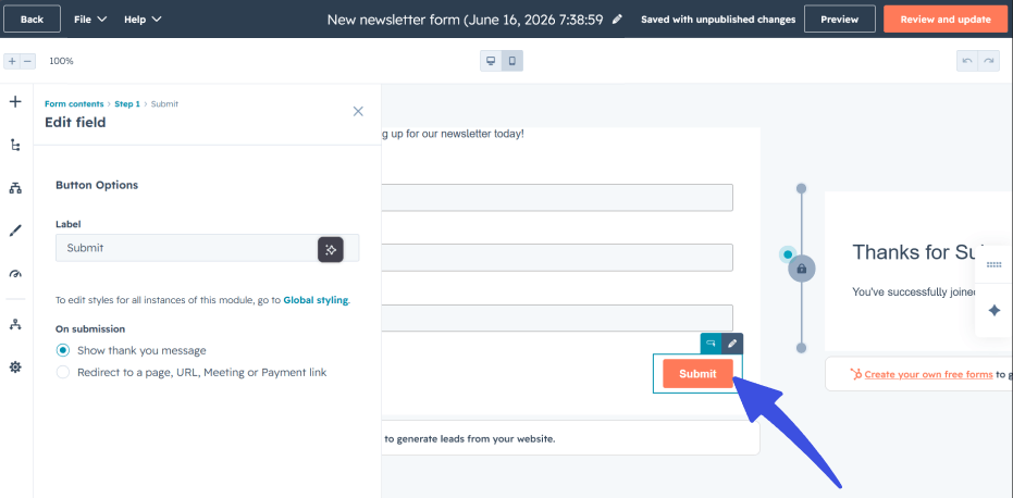 A blue arrow pointing to an orange submit button in a form builder interface to open the button options and field settings panel