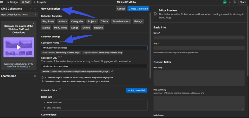 The Webflow cloud builder panel displaying a new collection creation form with templates for custom post fields and real-time live editor previews.