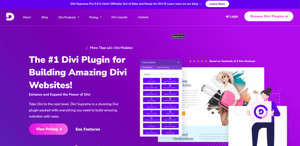 Divi Supreme plugin landing page highlighting over 60 custom modules and website-building tools on a purple background interface.