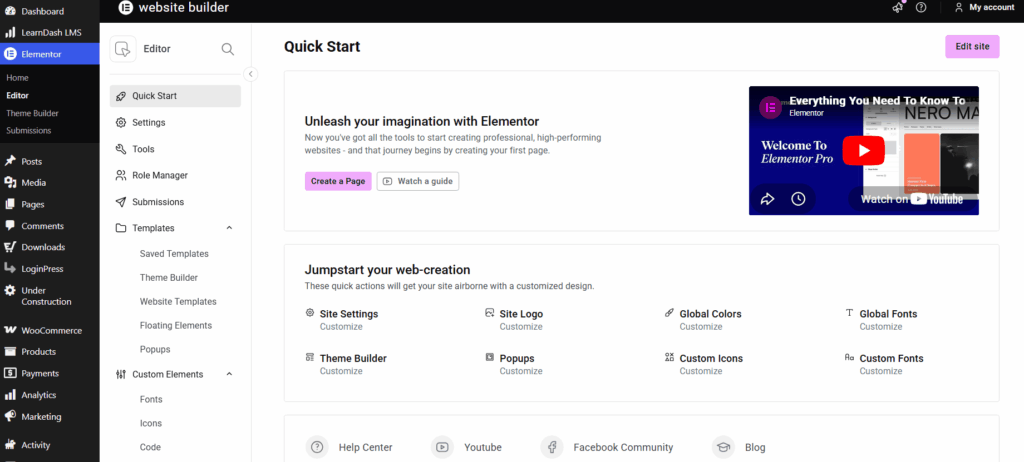The Elementor page builder dashboard inside WordPress showing the Quick Start interface with options to customize site settings, logos, global colors, and fonts.