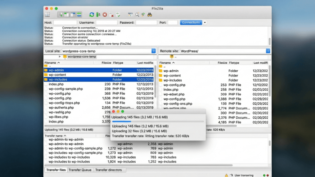 FTP client uploading wp-admin and wp-includes folders to the WordPress site root to replace corrupted core files