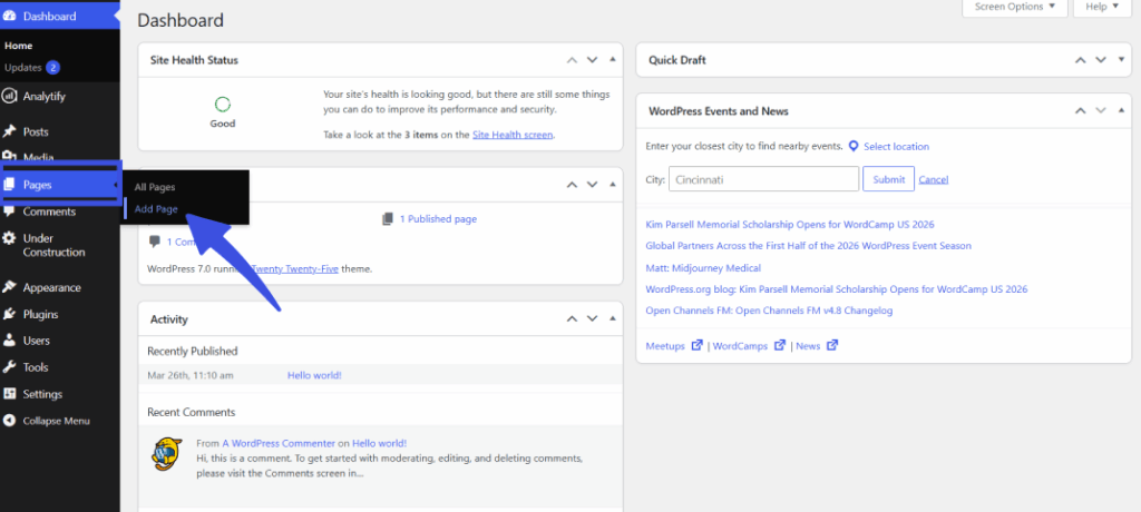 A blue arrow pointing to the "Add Page" option under the Pages menu on the WordPress admin dashboard sidebar.
