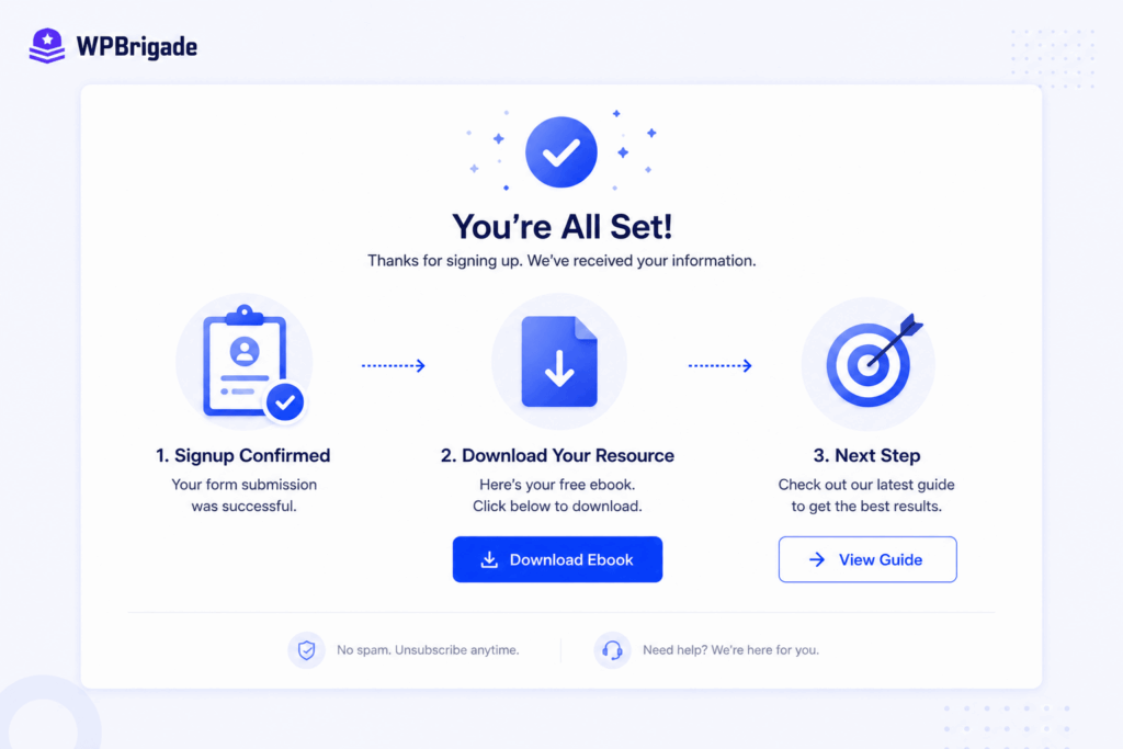 A three-step post-signup illustration by WPBrigade showing confirmation, downloading an ebook resource, and viewing a guide.
