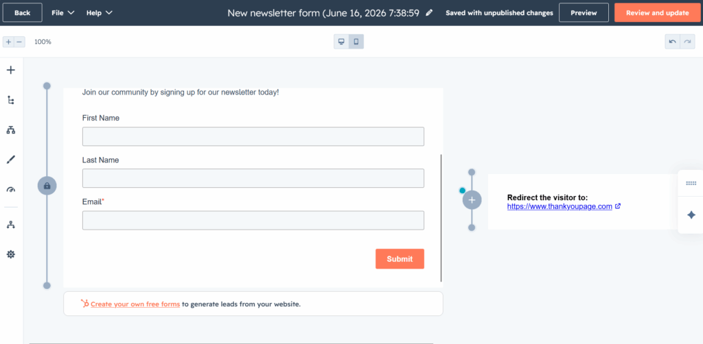 Hubspot form creator interface displaying fields for name and email with a redirection link configured to send visitors to a specific URL upon submission.