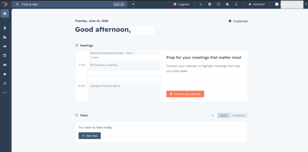 Dashboard view of Hubspot CRM platform home screen displaying upcoming meetings, sales tasks, and calendar integration options.