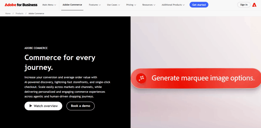 Adobe Commerce homepage banner presenting an enterprise-grade shopify alternative for scaling retail brands across channels.