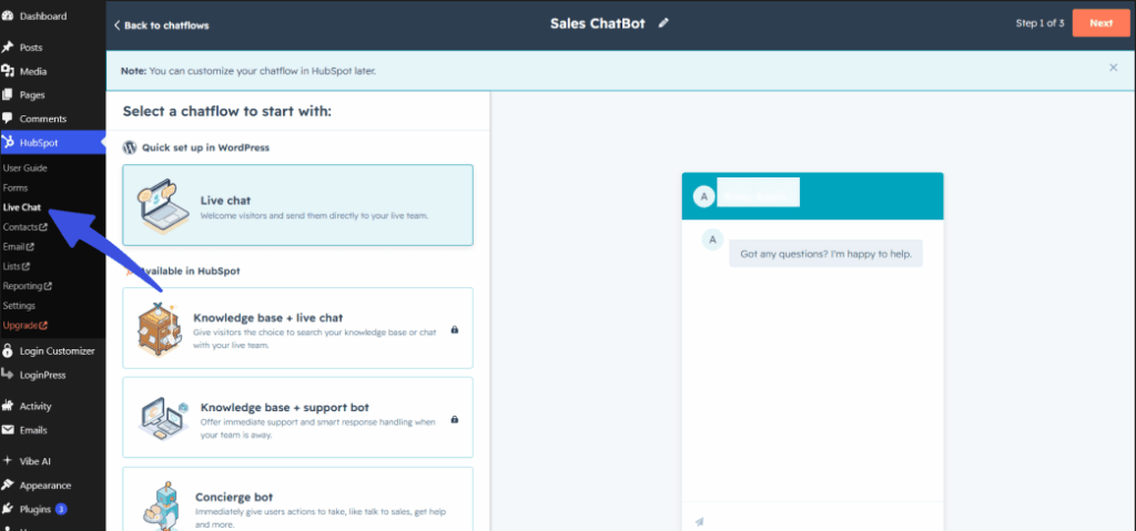 WordPress dashboard menu highlighting HubSpot live chat integration settings and chatbot configuration steps.