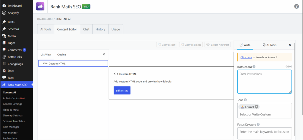 Rank Math SEO Pro Content AI writing assistant panel inside the WordPress dashboard showing custom HTML code editing blocks.