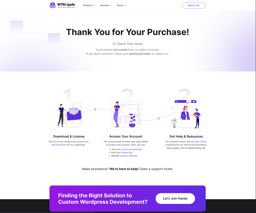 A minimal "Purchase Confirmation" webpage by WPBrigade advising users to check their inbox for their purchase receipt and account login details.