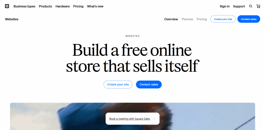 Square Online website landing page displaying setup buttons to build a free online store for physical retail syncing.