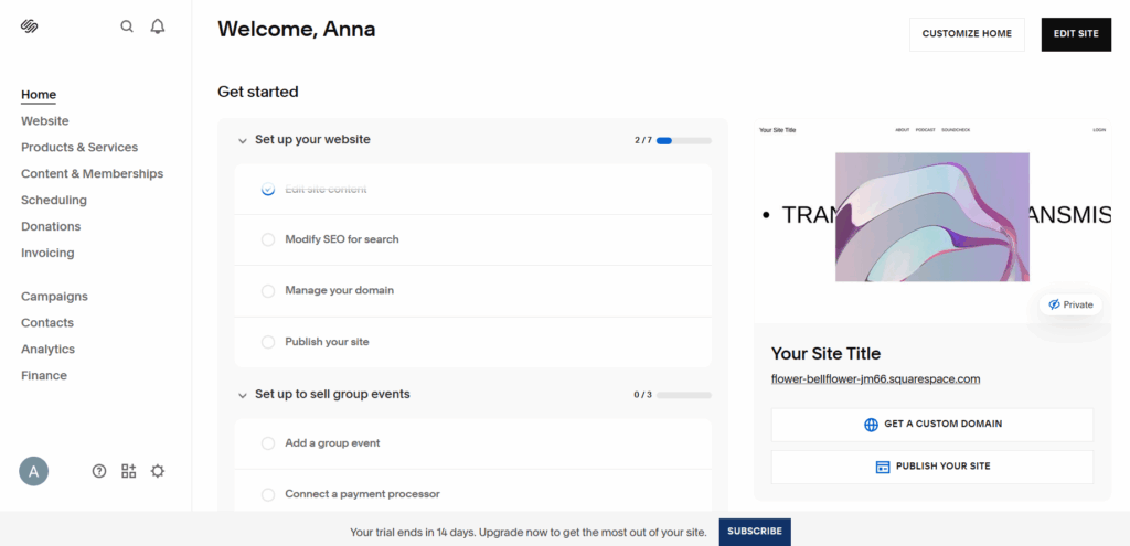 Squarespace onboarding setup wizard guiding the user through editing site content and managing SEO settings.