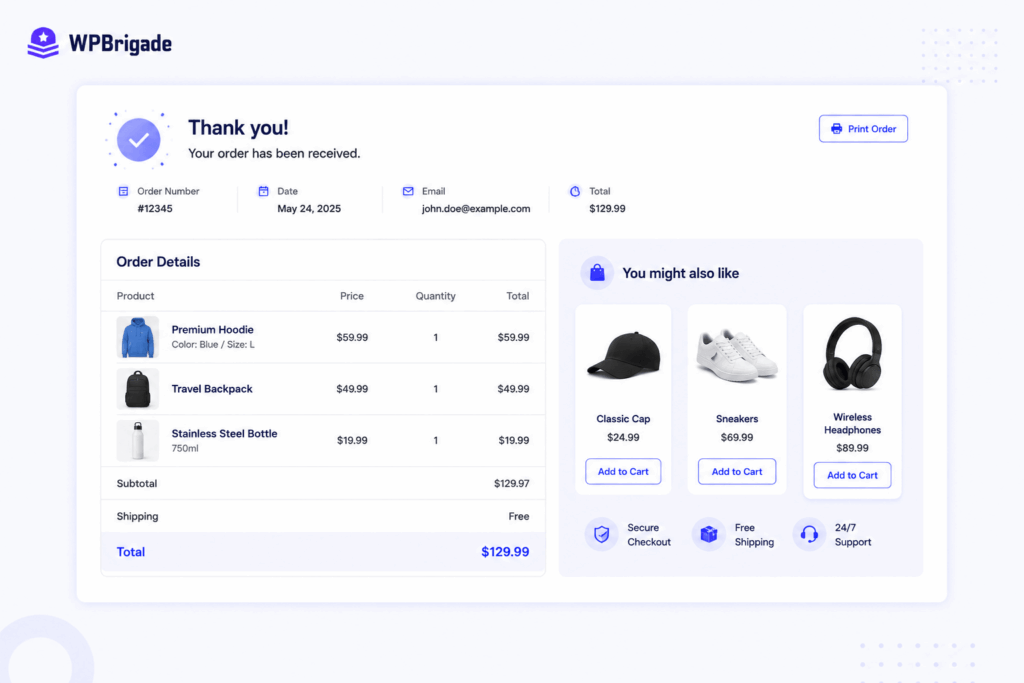 An e-commerce order confirmation interface showcasing a detailed breakdown of items purchased, order number, date, total cost, and a "You might also like" product recommendation sidebar.