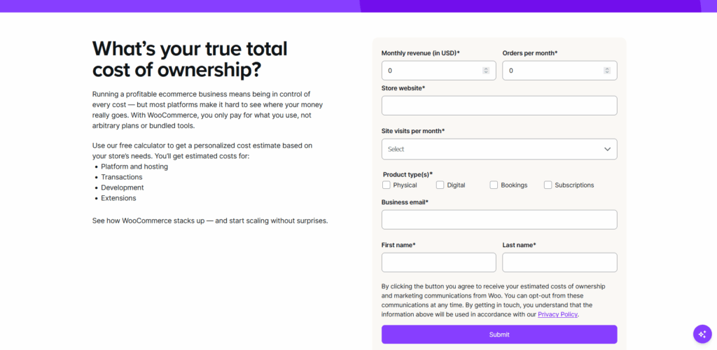 WooCommerce total cost of ownership calculator interactive form for estimating monthly platform and hosting fees.