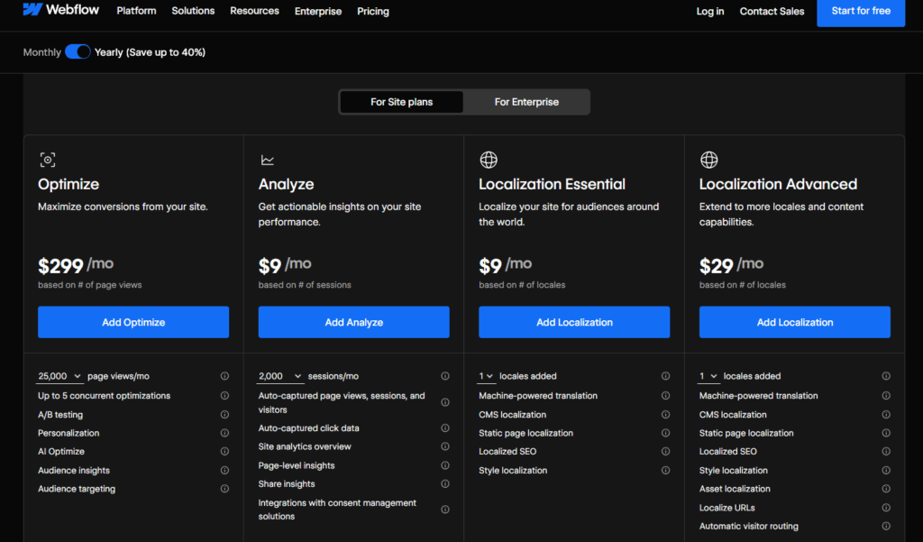 Webflow pricing page showcasing premium platform add-ons including Webflow Optimize, native Site Analytics, and localized Essential SEO translation layers.