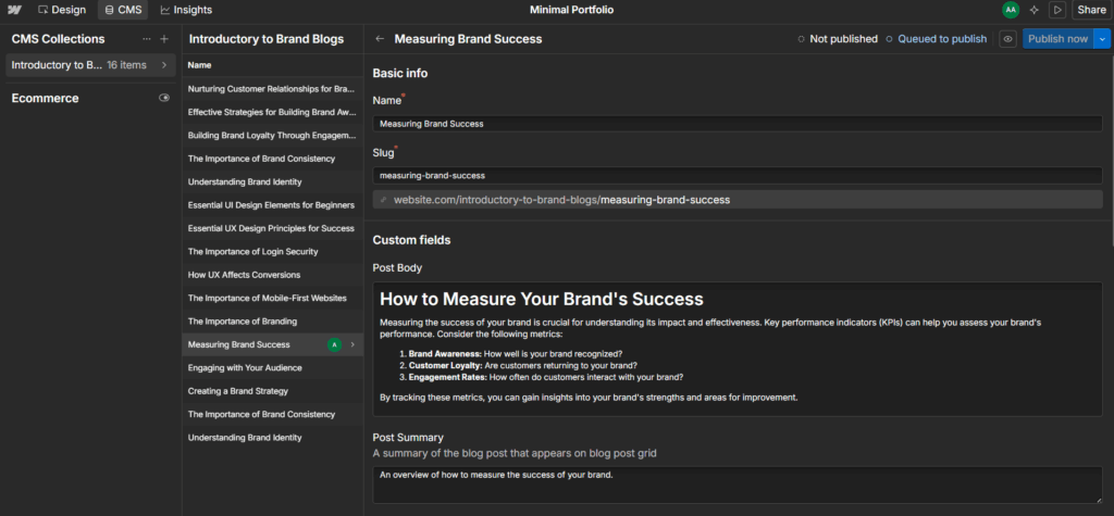 Screen shows webflow cms editor and preview settings for posts