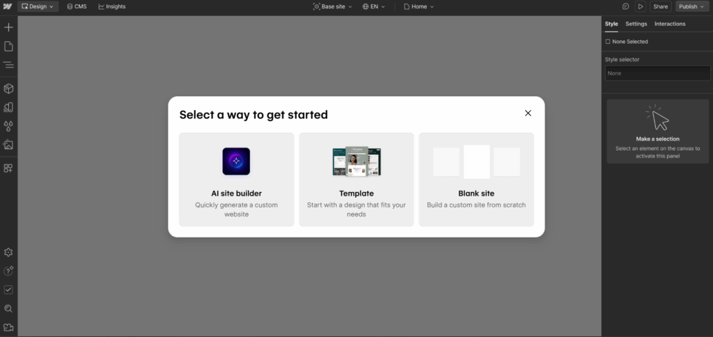 he Webflow visual onboarding pop-up layout window presenting options to build via an AI site builder tool, a pre-built theme template, or a blank site canvas.