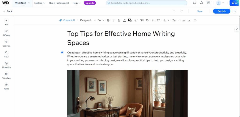 Wix content editor workspace interface showing a draft blog post with an embedded living room picture.