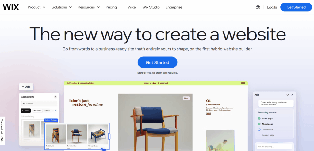 Wix homepage hero section displaying a visual hybrid website builder workspace for an online furniture store.