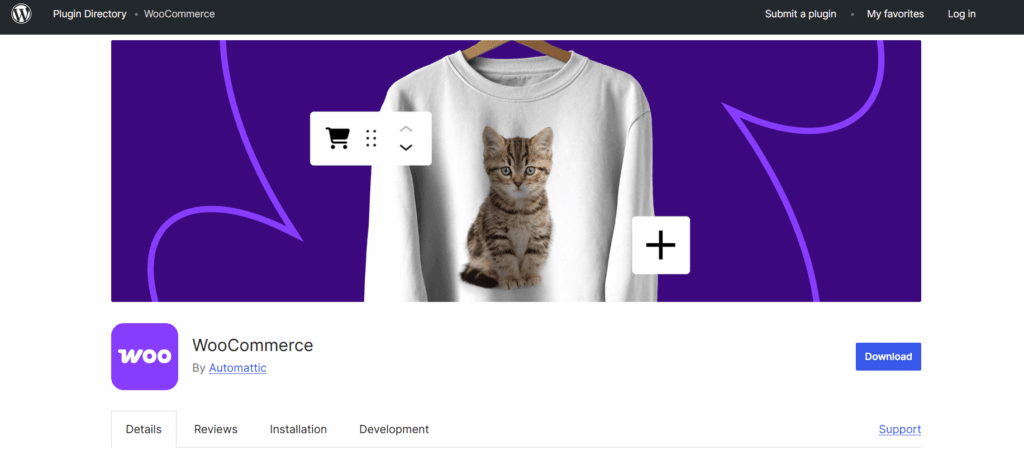 WooCommerce plugin page directory banner on WordPress showing an online apparel store setup interface.