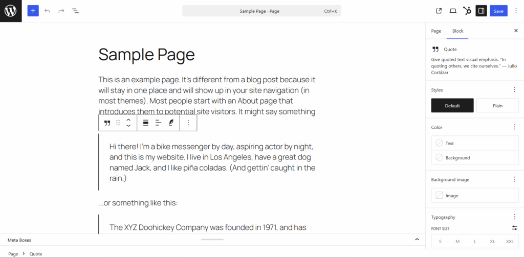 WordPress core block editor environment showing typography styling menus and live section adjustments for a standard website sample page
