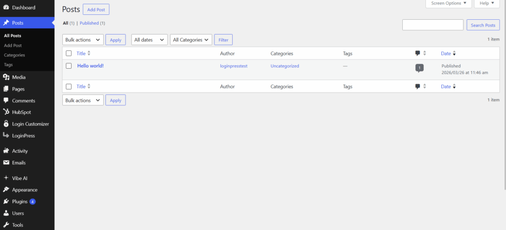 Clean WordPress administrative core interface displaying a structured database table of all published blog posts sorted by authors, categories, and tags.