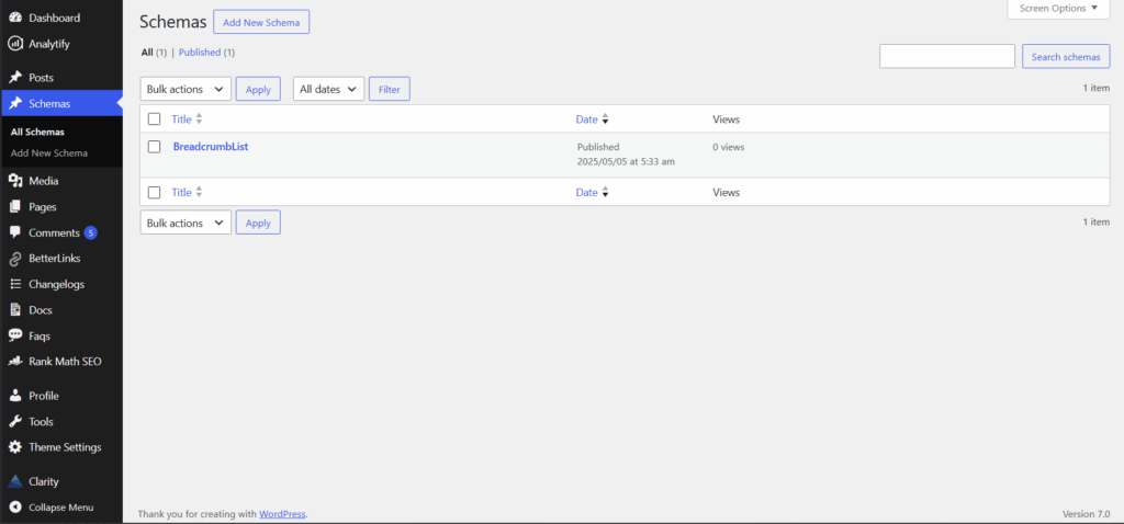 WordPress dashboard menu detailing structured data and BreadcrumbList configuration settings within a dedicated schema management plugin interface.