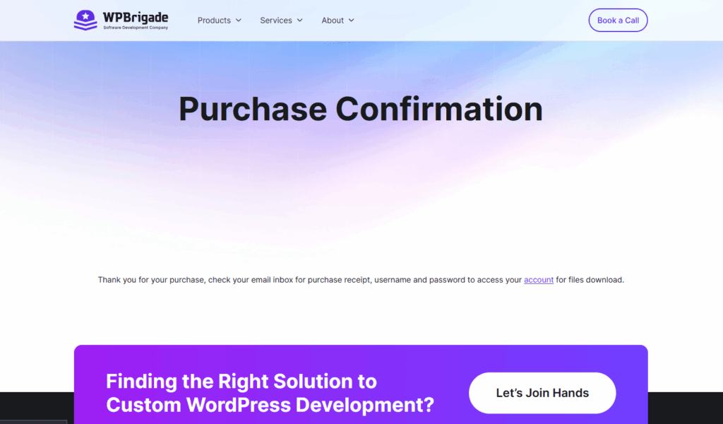 A minimal "Purchase Confirmation" webpage by WPBrigade advising users to check their inbox for their purchase receipt and account login details.