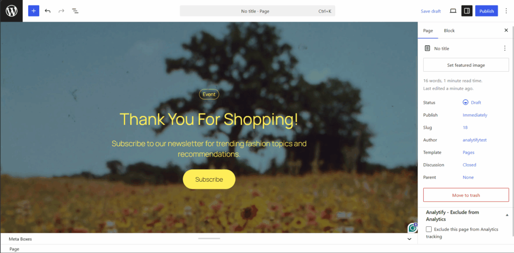 Custom WordPress editor interface being used to build and design a structured thank you page for e-commerce shoppers.