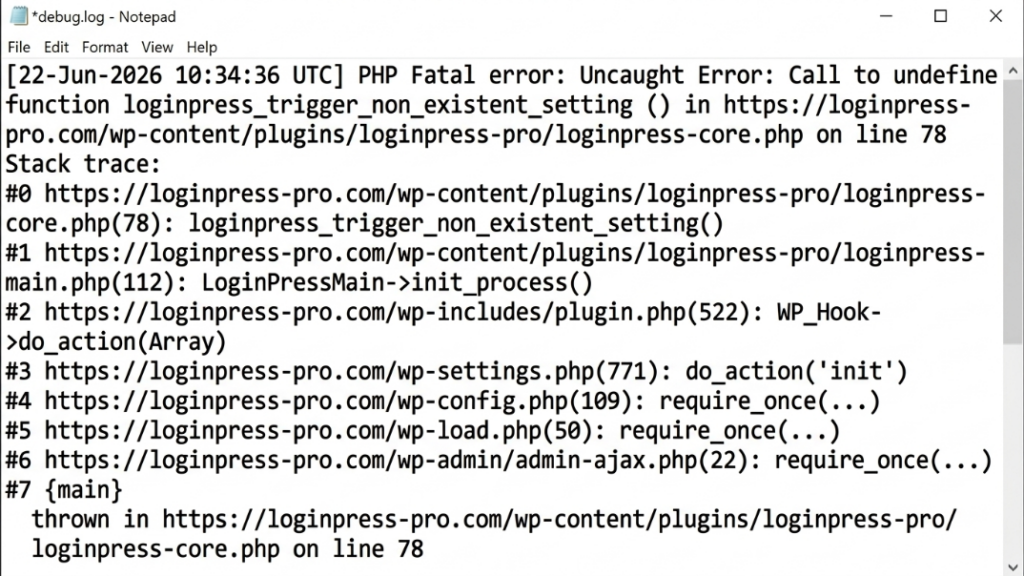 WordPress debug.log file showing fatal PHP error entries to diagnose a critical error