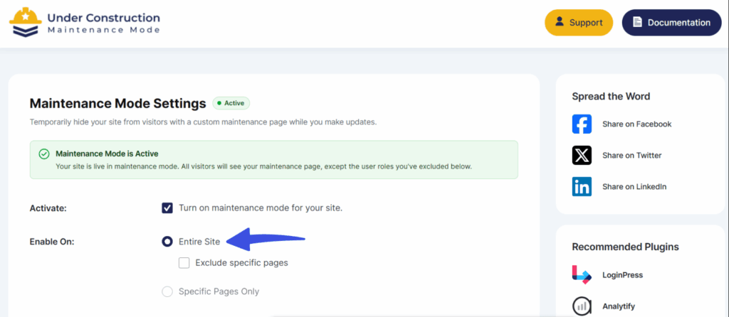 Screen shows how to control maintenance mode for specific pages and posts and enable construction mode on entire site using ucmm