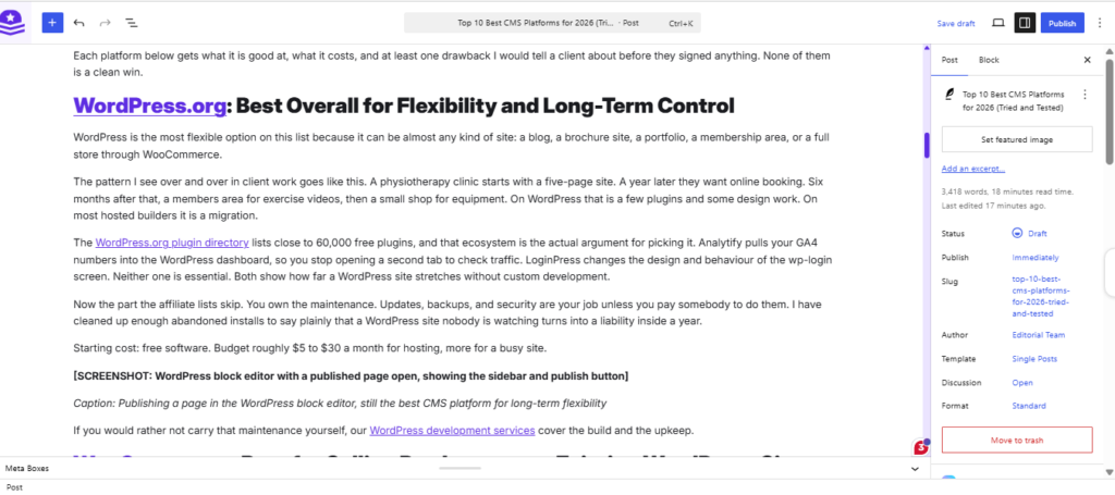 WordPress block editor with a page open in the dashboard