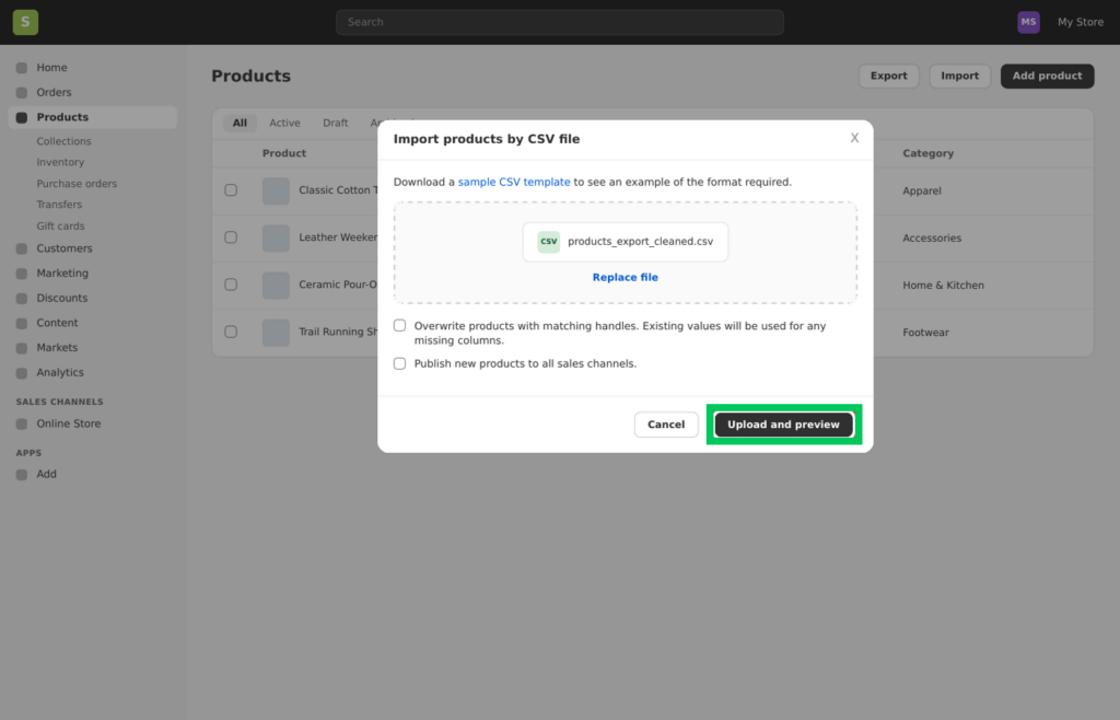 Uploading a cleaned product CSV in Shopify admin during a WooCommerce to Shopify migration