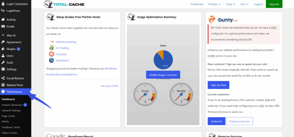 The W3 Total Cache general dashboard screen. A large blue arrow in the left sidebar menu points clearly to the 'Performance' navigation link.