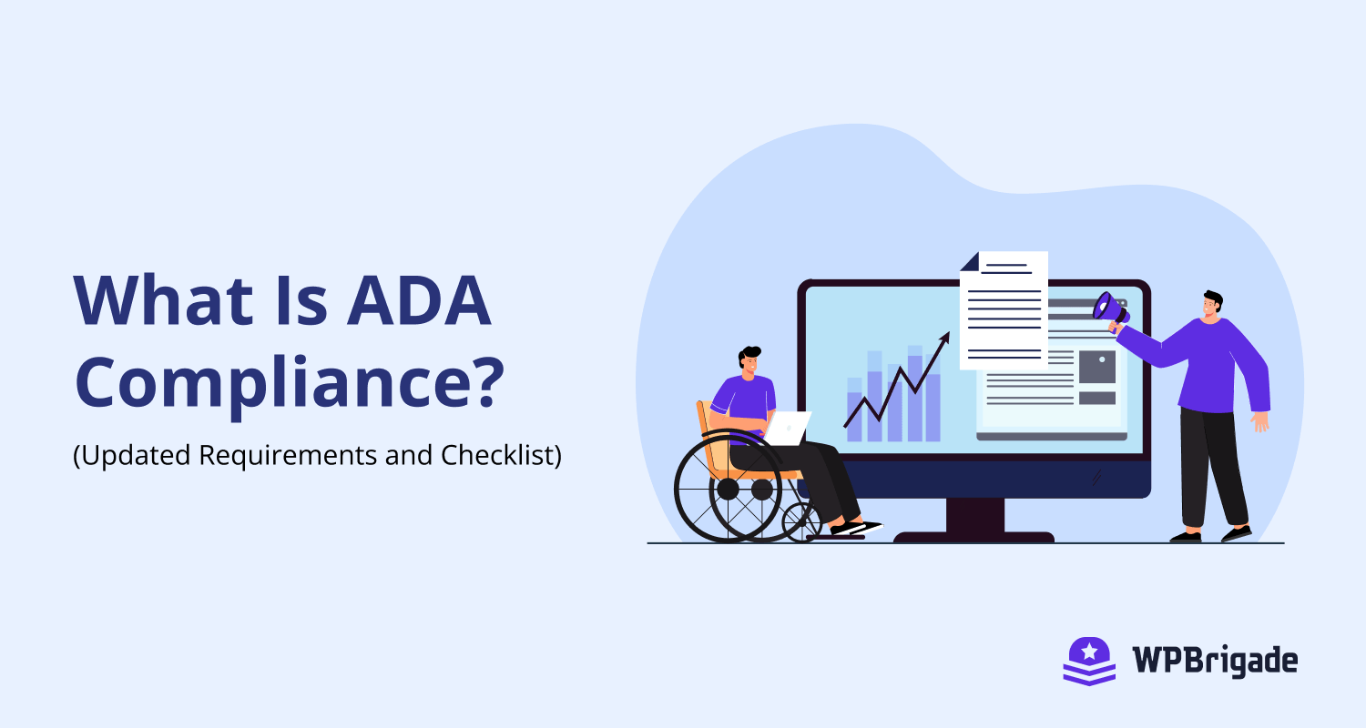'What Is ADA Compliance?' banner with an illustration of a person using a wheelchair working on a laptop beside website analytics