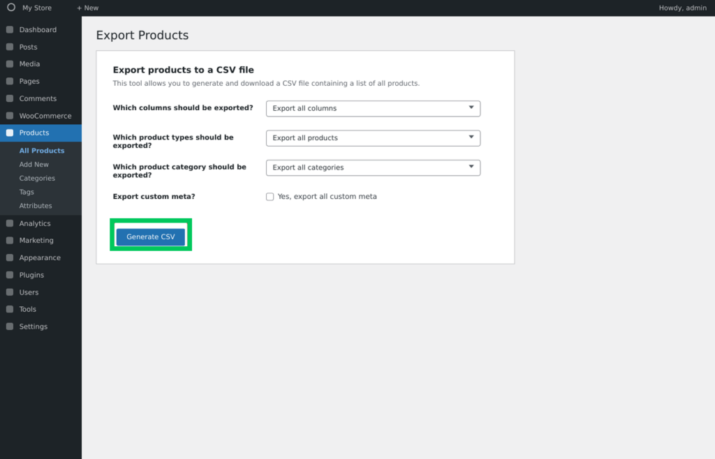 Exporting products with WooCommerce's Generate CSV button before migrating from WooCommerce to Shopify